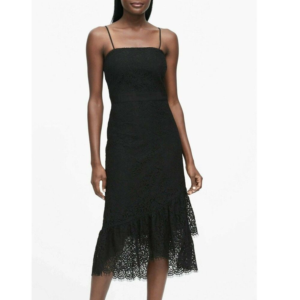NEW Banana Republic Lace Sheath Dress Women Size 6 Black #493344 Ruffle